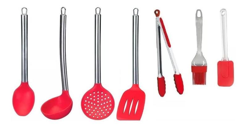 Imagem de Kit Colher Silicone Cozinha 7 Peças Vermelho Cabo Inox