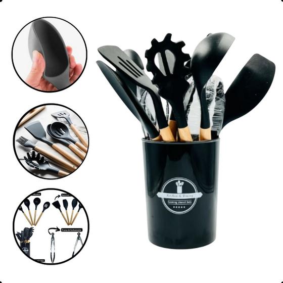 Imagem de Kit Colheres 12 Utensílios Cozinha Silicone Cabo Madeira Antiaderente