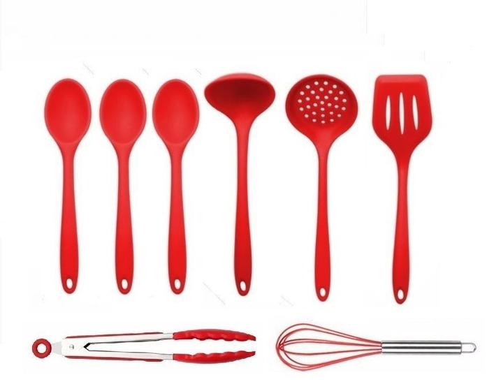 Kit Colheres De Silicone Maciço Com Pegador 8 Pçs Vermelho Menor preço em Kit Colheres De Silicone Maciço Com Pegador 8 Pçs Vermelho