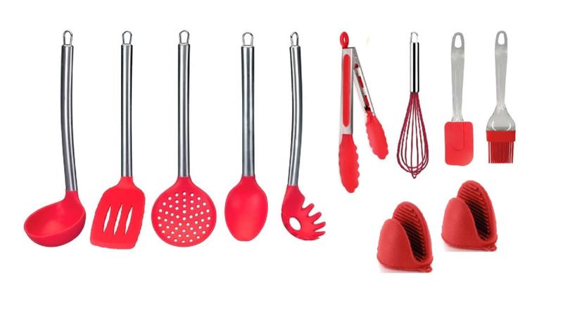 Imagem de Kit Colheres de Silicone Vermelho Cabo Inox Utensílios Cozinha Top