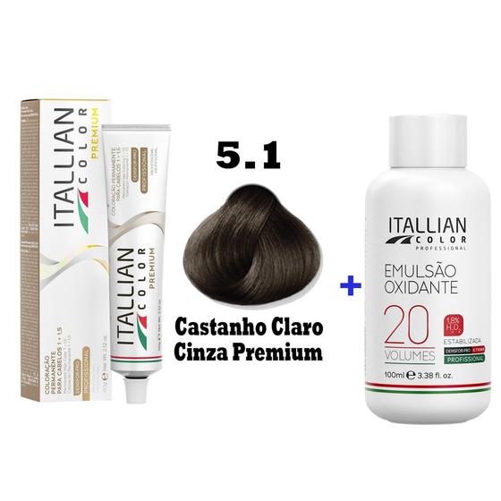 Imagem de Kit Coloração Itallian Premium 60g Castanho Claro Cinza 5.1 + Emulsão Oxi 20vol.x100ml.