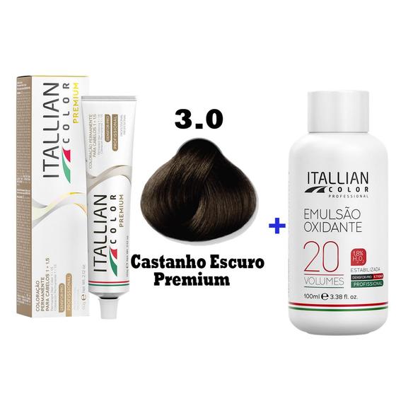 Imagem de Kit Coloração Itallian Premium 60g Castanho Escuro 3.0 + Emulsão Oxi 20vol.x100ml.