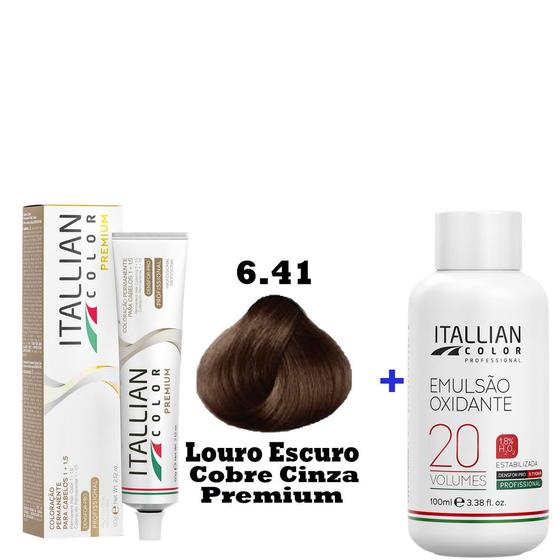 Imagem de Kit Coloração Itallian Premium 60g Louro Escuro Cobre Cinza 6.41 + Emulsão Oxi 20vol.x100ml.