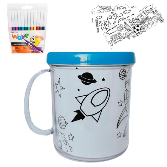 Imagem de Kit Colorir Caneca Acrílica 350ml+ 12 canetinhas + 4 desenho