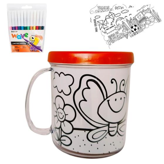 Imagem de Kit Colorir Caneca Acrílica 350ml+ 12 canetinhas + 4 desenho