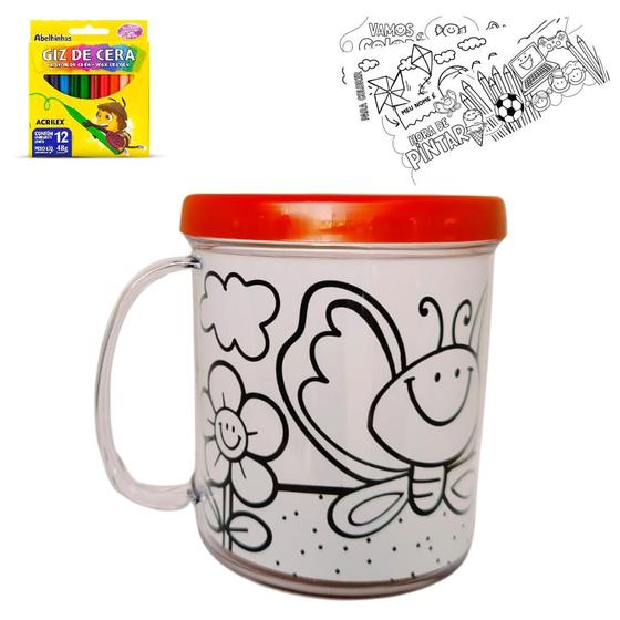 Imagem de Kit Colorir Caneca Acrílica 350ml+ 12 giz de cera+ 4 desenho