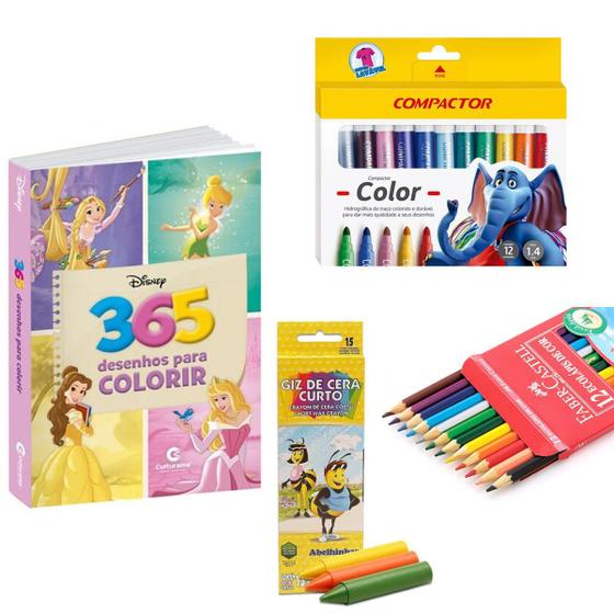 Imagem de Kit Colorir com Livro Lápis Canetinha Giz Princesas Disney