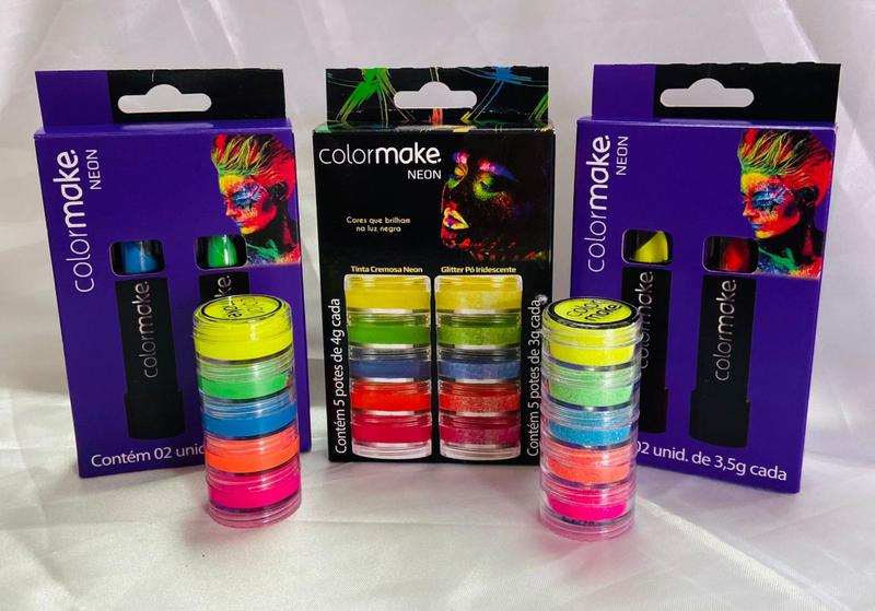 Imagem de kit colormake 4 batom neon + kit duplo tinta cremosa neon e glitterr po iridescente