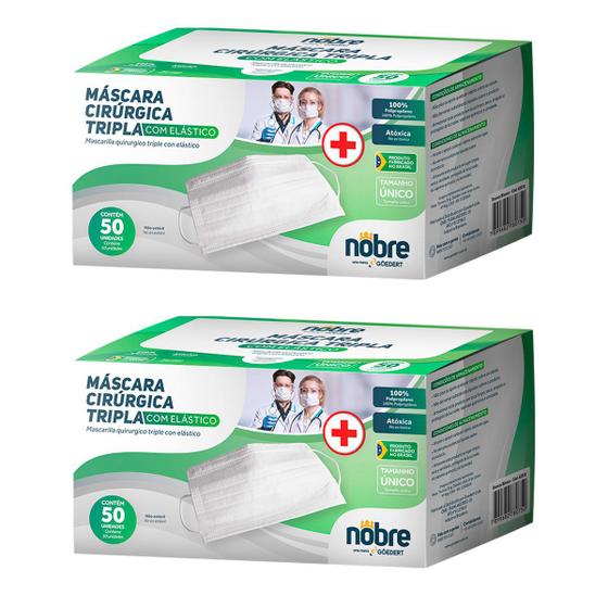 Kit com 02 (100 un) Caixas de Máscara Cirúrgica Descartável Tripla com Elástico e Anvisa Caixa Nobre Menor preço em Kit com 02 (100 un) Caixas de Máscara Cirúrgica Descartável Tripla com Elástico e Anvisa Caixa Nobre