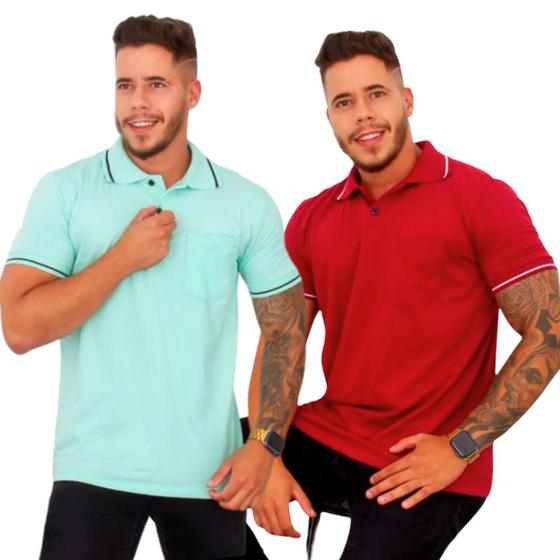 Imagem de Kit com 02 Camisas Gola Polo Masculina Algodão Casual Básica com Bolso