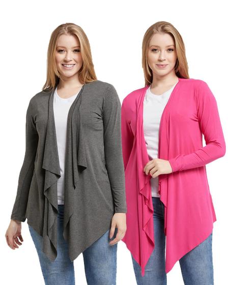 Imagem de Kit com 02 cardigan plus size feminino casaco kimono com bico manga longa