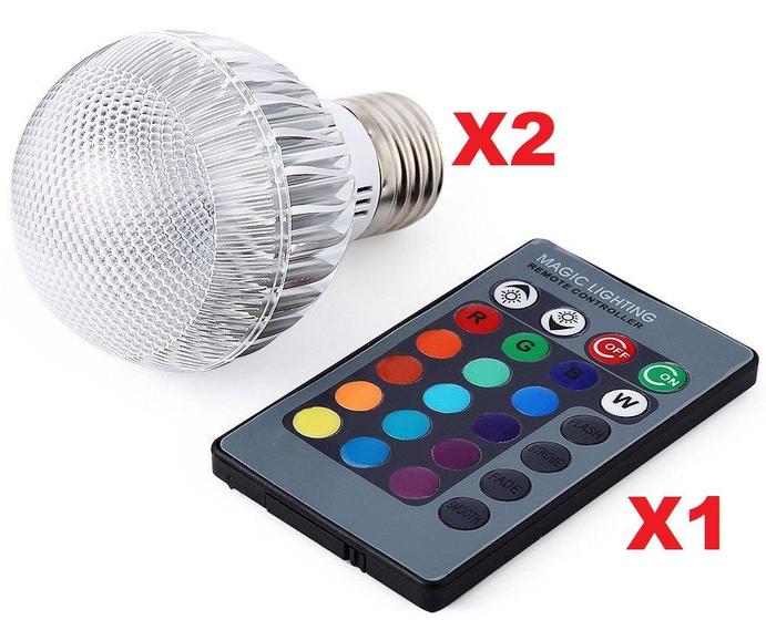 Imagem de KIT COM 02 UNIDADES Lâmpada Led Color Rgb E27 5W Bivolt e 01 Controle Remoto
