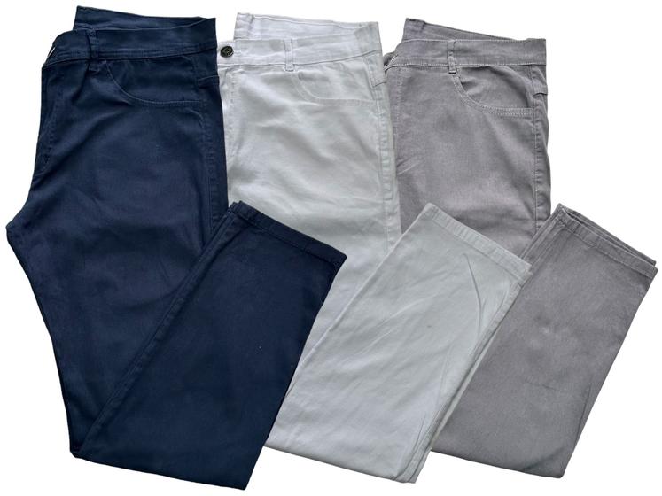 Imagem de Kit com 03 calças masculinas jeans e sarja com elastano algodão modelos slim