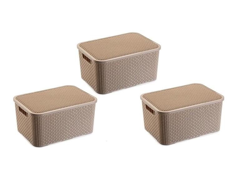 Imagem de Kit Com 03 Cestos Organizadores Rattan M Com Tampa 3,5 Lts