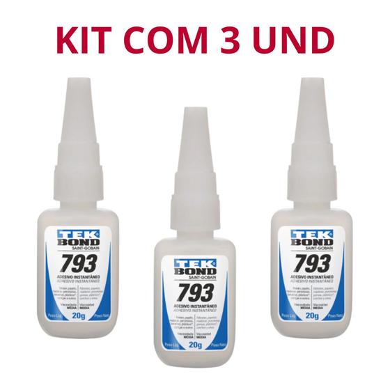 Imagem de Kit com 03 Cola Instantânea Tek Bond Super Bonder 793