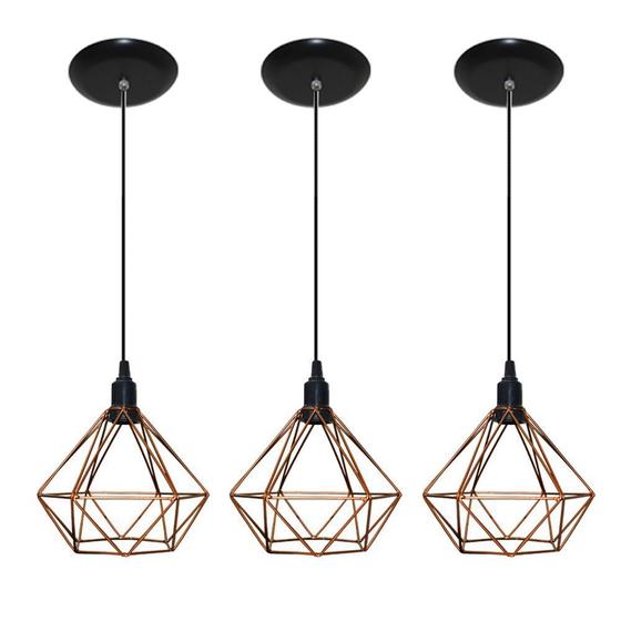 Imagem de Kit com 03 Luminarias Pendente Aramado Modelo Diamante - Cobre - ideal para ser utilizado com lâmpadas de filamento LED