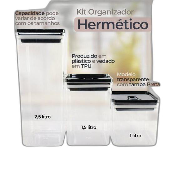 Imagem de Kit Com 03 Potes Organizador Hermético Preto Armazenamento