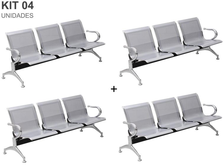 Imagem de Kit com 04 Cadeiras Longarina Aeroporto Cromada 3 Lugares