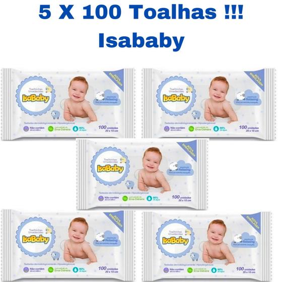 Imagem de Kit Com 05 Pacotes de Toalhas Lenços Umedecidos Infantil Isababy com 100 Unidades