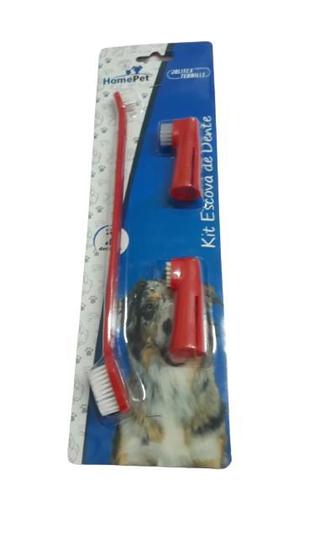 Imagem de Kit com 1 Escova Cabo Longo Duas Cabeças +2 Escova Dental tipo Dedeira para Pet