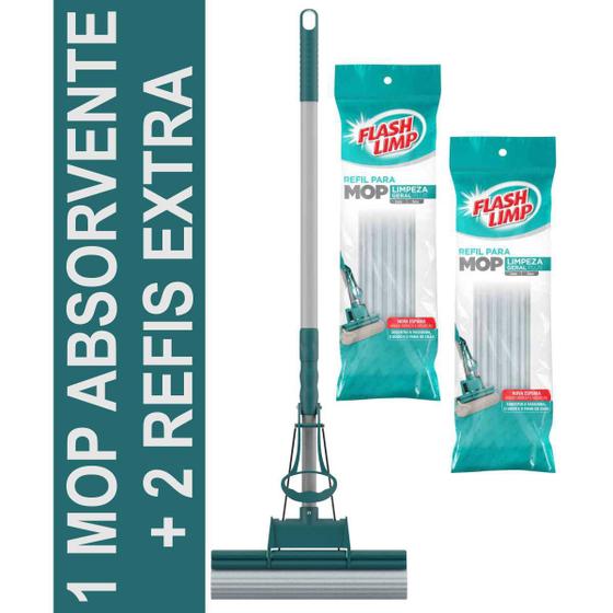 Kit com 1 mop flash limp limpeza geral plus absorvente + 2 refis de pva extra Menor preço em Kit com 1 mop flash limp limpeza geral plus absorvente + 2 refis de pva extra