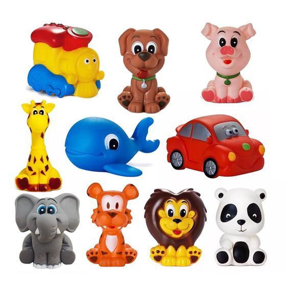 Imagem de Kit Com 10 Brinquedos De Vinil Para Bebê Maralex - Elefante, Girafa, Tigre, Leão, Porco, Baleia, Panda, Cachorro, Carro
