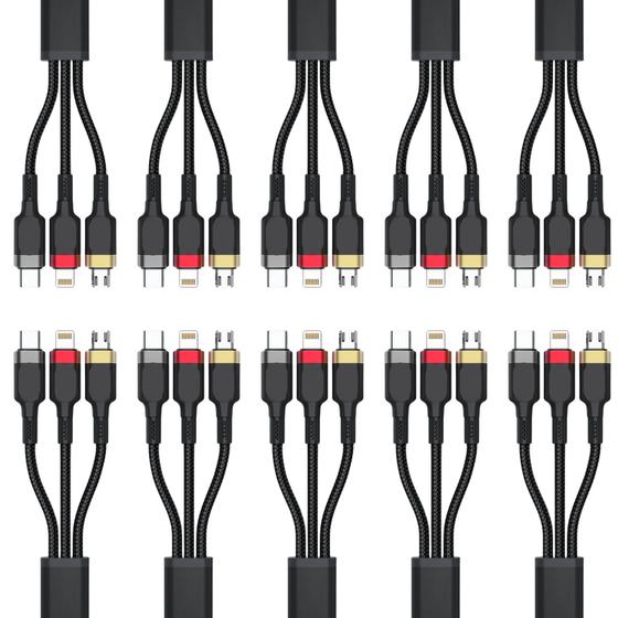 Imagem de Kit com 10 Cabos 3 em 1 Lightning Type-C e Micro USB V8 3.1A