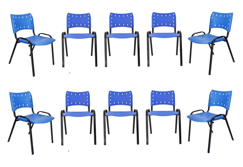 Imagem de Kit Com 10 Cadeiras Iso Para Escola Escritório Comércio Azul Base Preta