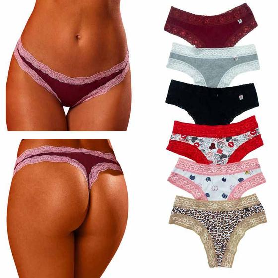 Imagem de Kit Com 10 Calcinhas Fio Em Algodão Com Renda Feminina Adulto Estilo REF345