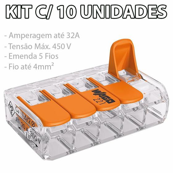 Imagem de Kit Com 10 Conector Wago Emenda 5 Fios Mod 221-415