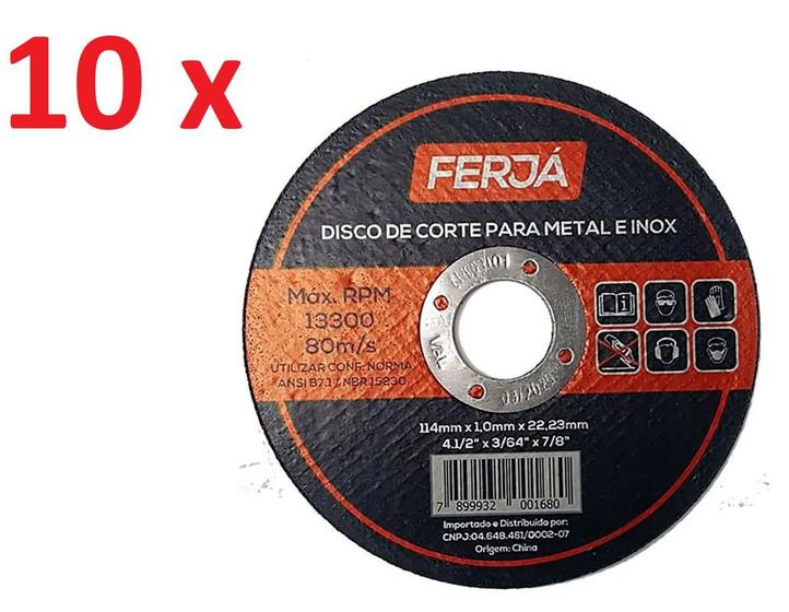 Imagem de Kit com 10 discos corte 4.1/2 x 7/8 metal e inox  ferja