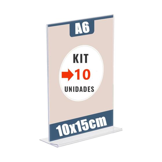 Imagem de Kit com 10 Display Expositor Mesa Balcão Acrilico PS Cristal T Tamanho A6 10x15cm Vertical