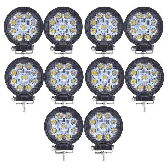 Imagem de Kit com 10 Farois de Milha LED Branco 9 Leds Redondo Universal - 27W 6000K 12/24V Bivolt 9-60V