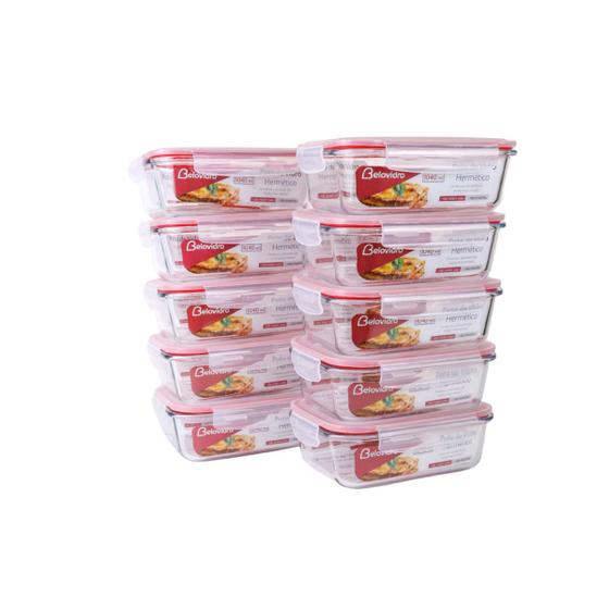 Imagem de Kit com 10 Pote Hermético de Vidro 1040ml Retangular com 4 Travas Conserva o Alimento Micro-ondas Forno Freezer Congelador Organização Cozinha