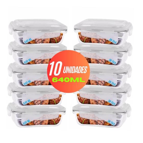 Imagem de Kit Com 10 Potes Herméticos de Vidro Marmitas Fitness Vasilhas Com Tampa Microondas Freezer 640 ml