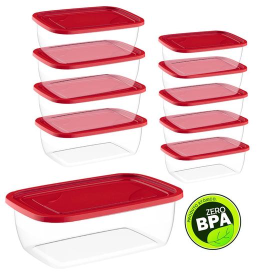 Kit Com 10 Potes Retangulares Vermelho Menor preço em Kit Com 10 Potes Retangulares Vermelho