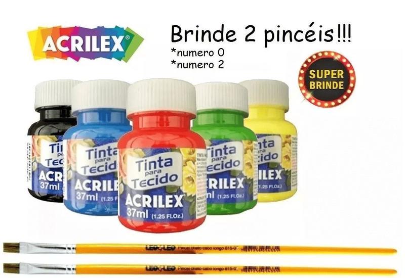 Imagem de Kit Com 10 Tintas De Tecido Acrilex 37ml + Pincel 