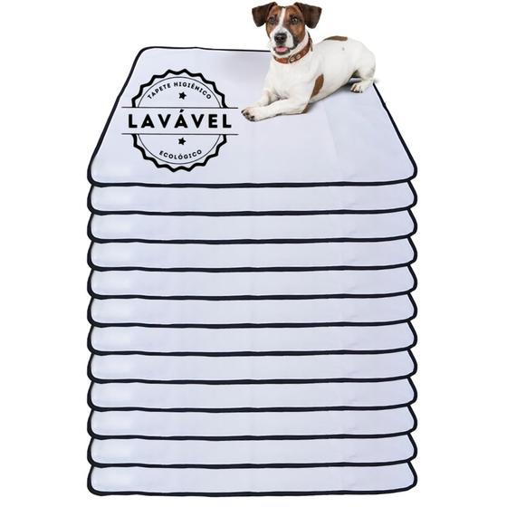 Imagem de Kit com 12 Banheiro para Cães Tecido Ecológico 100x70 Branco com borda Preta - 200 Lavagens