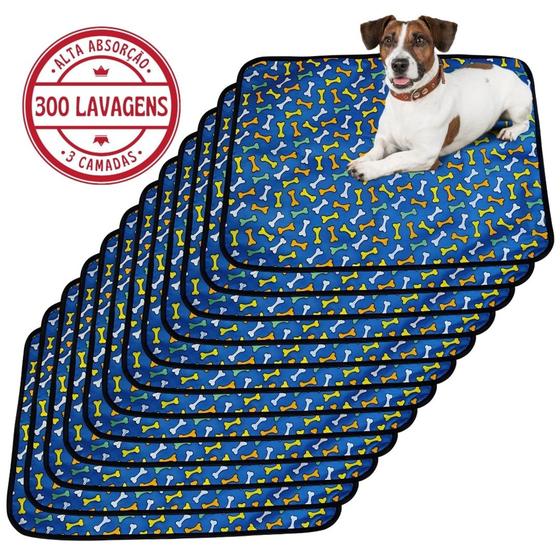 Imagem de Kit com 12 Banheiro para Cães Tecido Ecológico 70x50 Ossinho Azul - 3 Camadas - 300 Lavagens