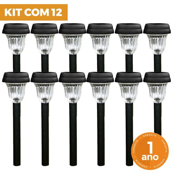 Imagem de Kit com 12 - Luminária Espeto de Jardim Solar Poste Balizador Decoração LED Branco Frio 6500K