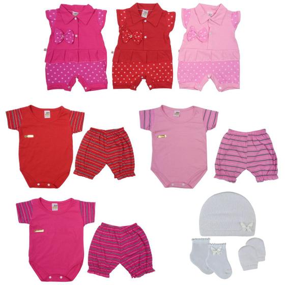 Imagem de Kit Com 12 Peças Bebê Recém-nascido Menina Macacão, Body, Short e Touca