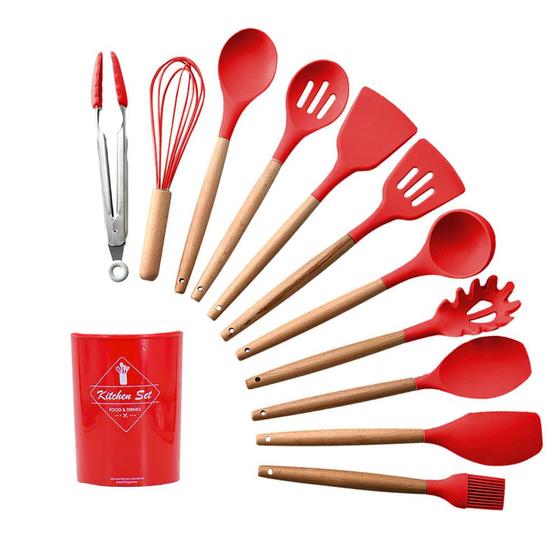 Imagem de Kit com 12 peças Utensílios de Cozinha Silicone e Cabo de Madeira Bambu Jogo BPA FREE Espátula Colher Concha