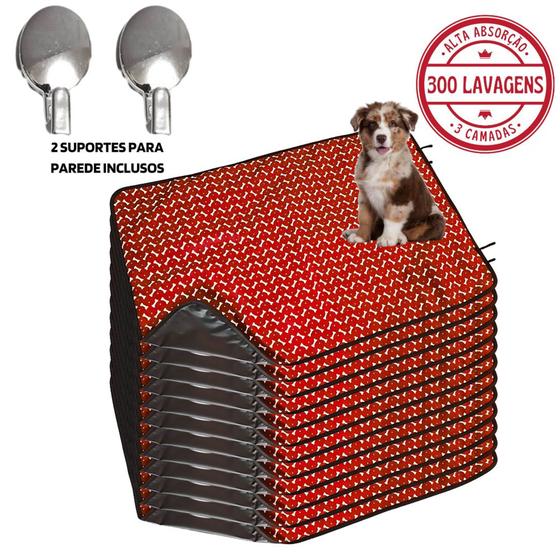 Imagem de Kit com 12 Tapetinhos Alta Absorção para Pets 100x70 Ossinho Vermelho - 300 Lavagens Ecológico