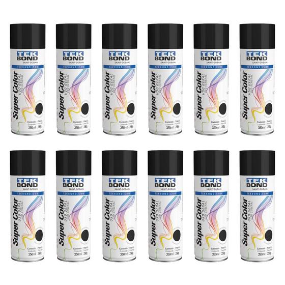 Imagem de Kit com 12 Tinta Spray Preto Fosco Tekbond 350ml/250g