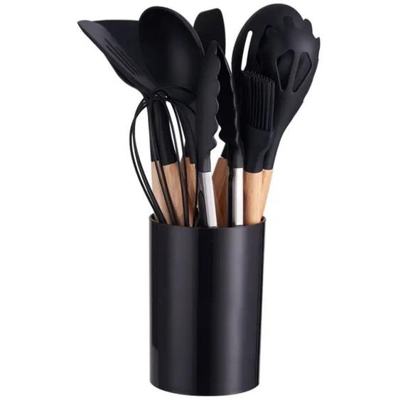 Imagem de Kit Com 12 Utensílios De Cozinha Em Silicone Com Cabo Madeira Yikasa