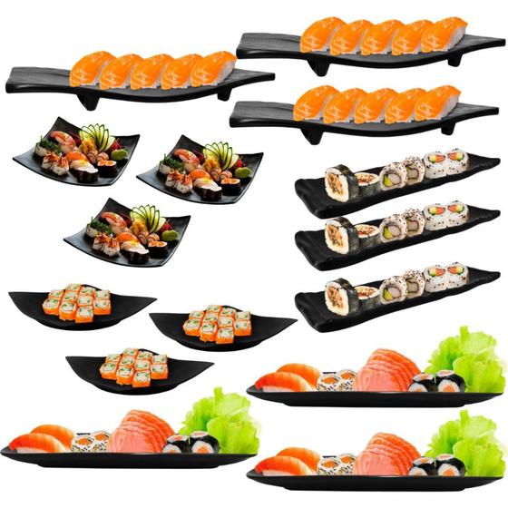 Imagem de Kit com 15 Pecas Pratos em Melamina/Plastico Preto para Sushi  Bestfer 