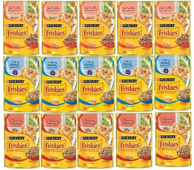 Imagem de Kit com 15 - Ração Úmida Gatos Adultos Friskies - Peixe Branco, Salmão e Frango ao Molho - 85g Cada