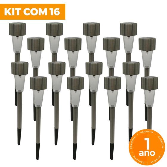Kit com 16 Luminária Solar Jardim Aço Inox Decoração Luz Lampada LED