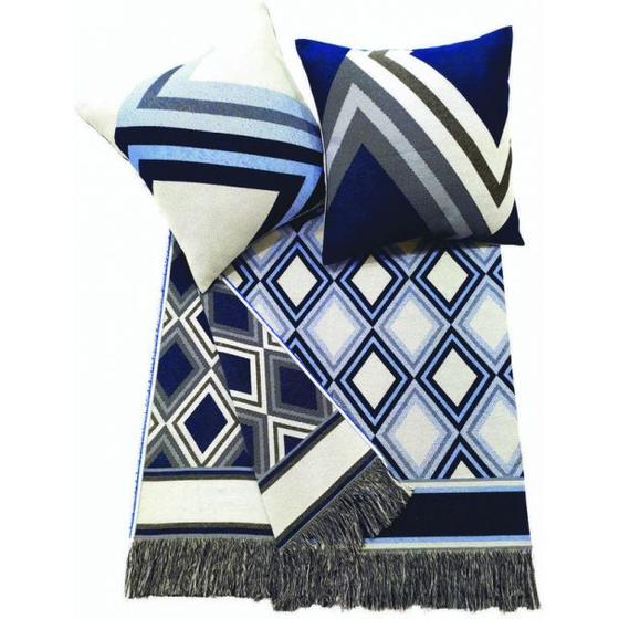 Imagem de Kit com 2 Almofadas Jacquard Losango Azul com enchimento (45x45) + 1 Xale para Sofá Losango Azul (140x160)