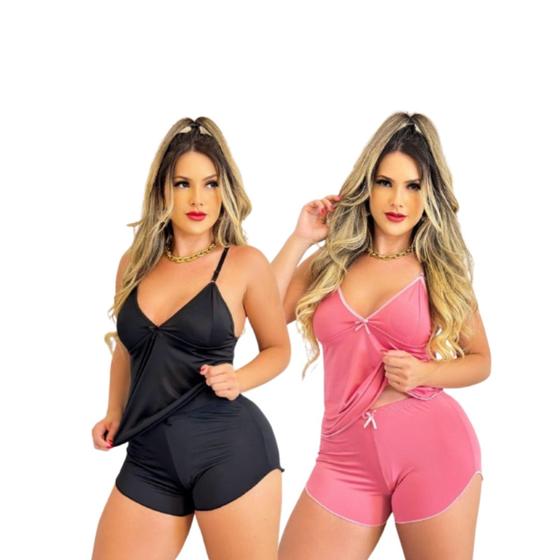 Imagem de Kit com 2 Baby Doll Pijama Sem Bojo Malha Fria liganete  Short Doll Feminino Conjunto Com Renda Baby Dool Babydoll